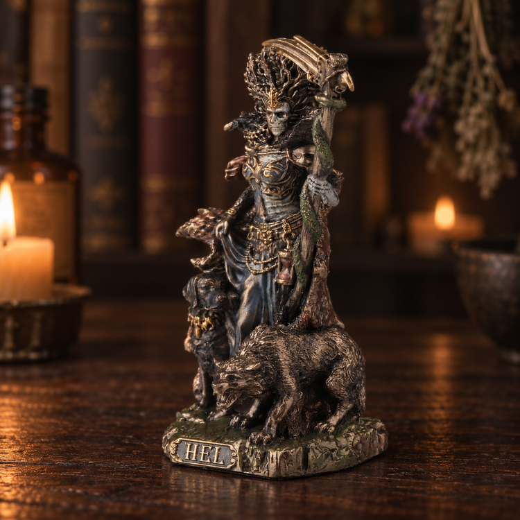 A detailed gothic figurine of a crowned woman with a snake draped over her shoulder, standing atop a wolf on a base labeled 'HELL', set on a wooden table with a blurred background of candles and books.
