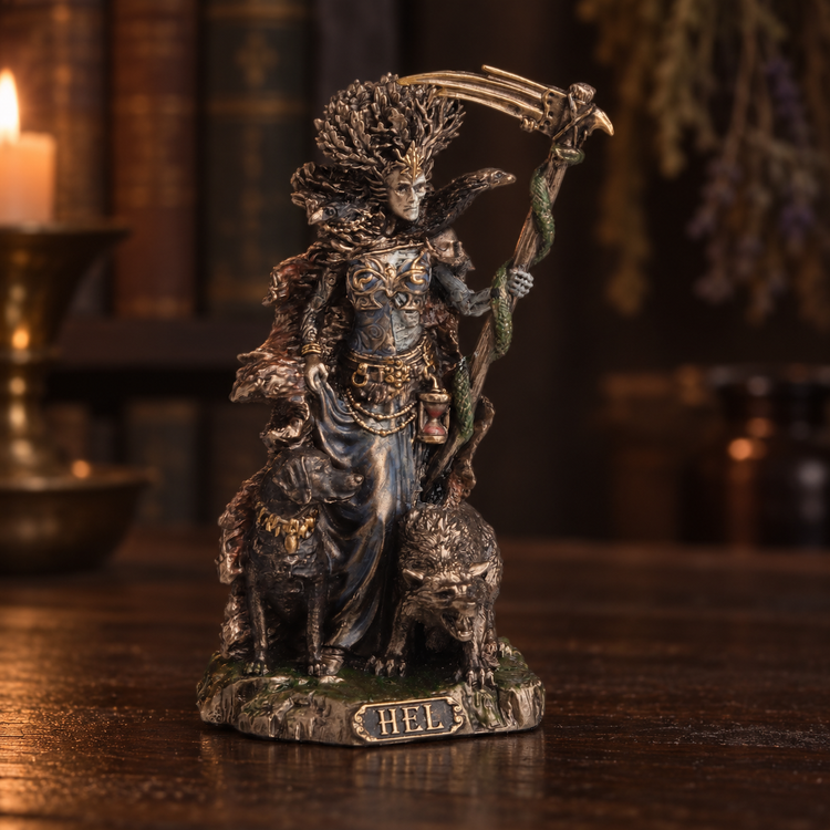 A detailed fantasy figurine of a horned female warrior holding a scythe, standing on a base labeled 'HELL' with a dark dog at her side, photographed on a wooden surface with a blurred candlelit background.