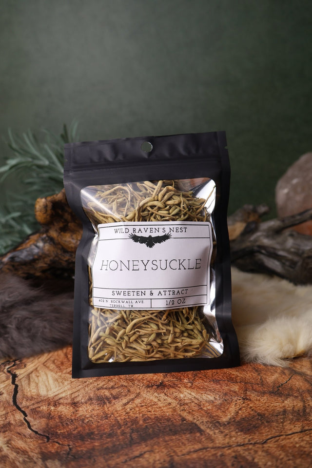 Honeysuckle dried herb in a 1/2 oz Wild Raven's Nest bag, Sweeten & Attract