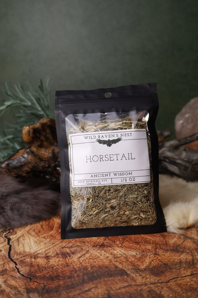 Horsetail dried herb in a 1/2 oz Wild Raven's Nest bag, Ancient Wisdom