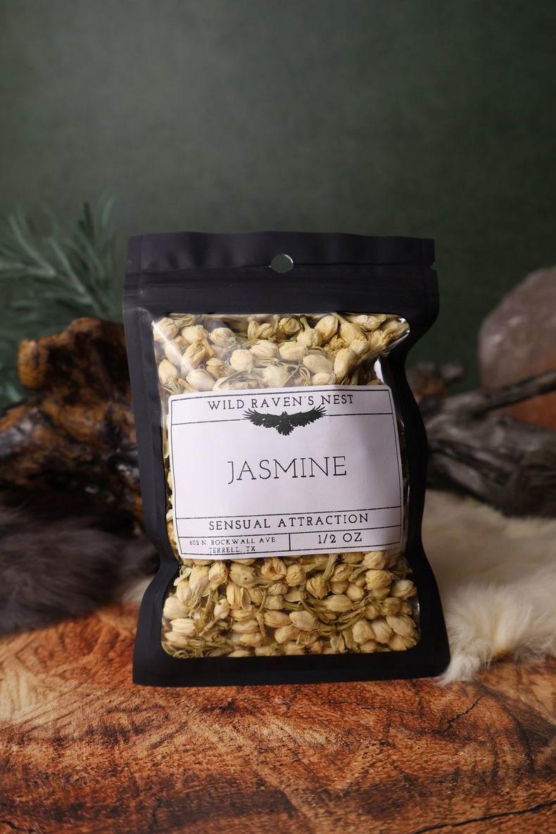 Jasmine Flowers dried herb in a 1/2 oz Wild Raven's Nest bag, Sensual Attraction