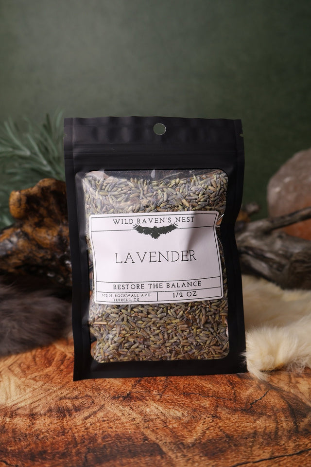 Lavender Buds dried herb in a 1/2 oz Wild Raven's Nest bag, Restore the Balance