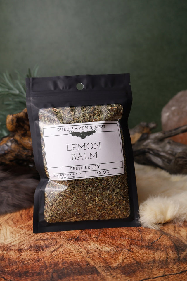 Lemon Balm dried herb in a 1/2 oz Wild Raven's Nest bag, Restore Joy