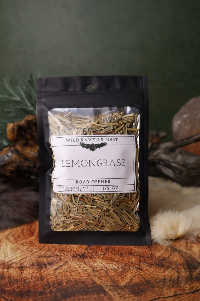 Lemongrass dried herb in a 1/2 oz Wild Raven's Nest bag, Road Opener