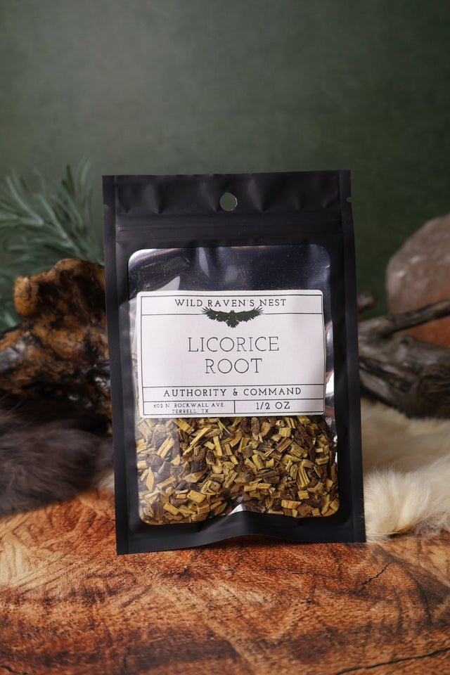 Licorice Root dried herb in a 1/2 oz Wild Raven's Nest bag, Authority & Command