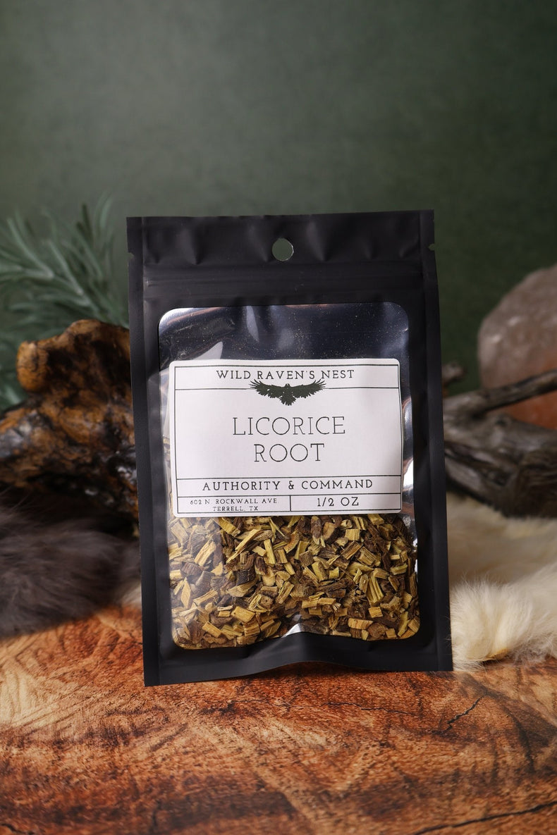 Licorice Root dried herb in a 1/2 oz Wild Raven's Nest bag, Authority & Command