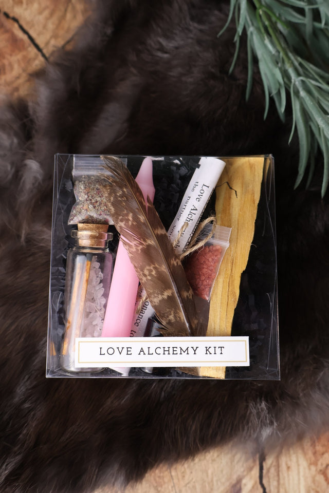 Love Alchemy ritual kit with pink candle, palo santo and rose salt