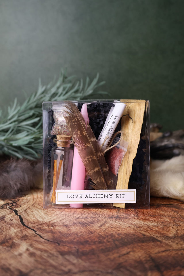 Love Alchemy ritual kit with pink candle, palo santo and rose salt