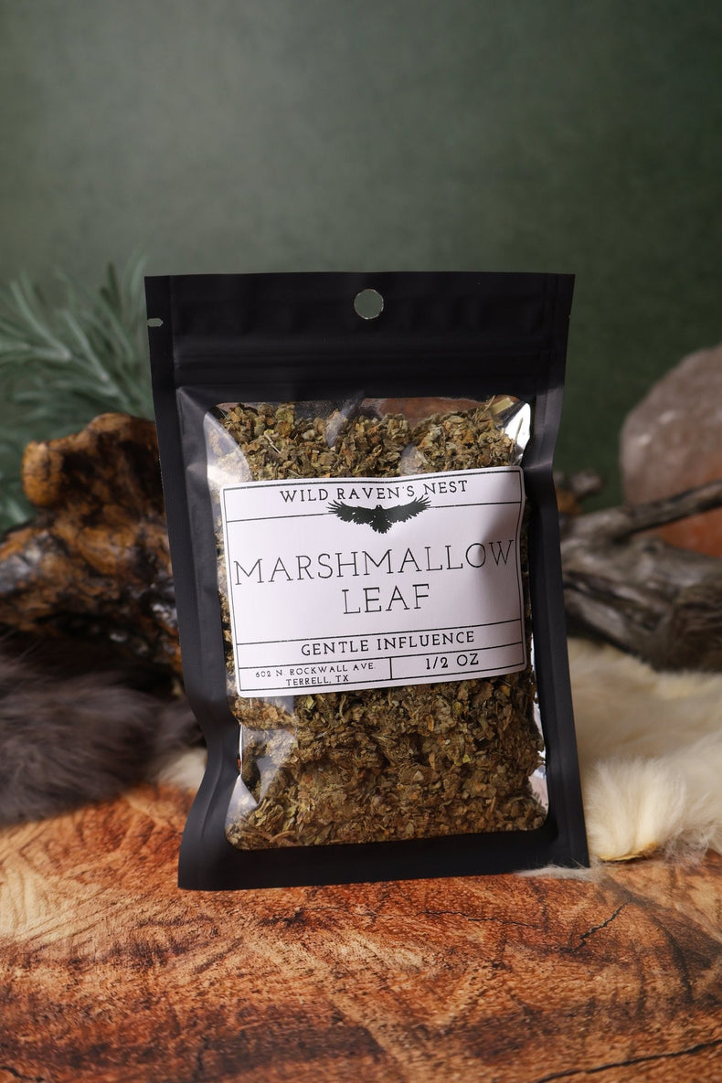 Marshmallow Leaf dried herb in a 1/2 oz Wild Raven's Nest bag, Gentle Influence