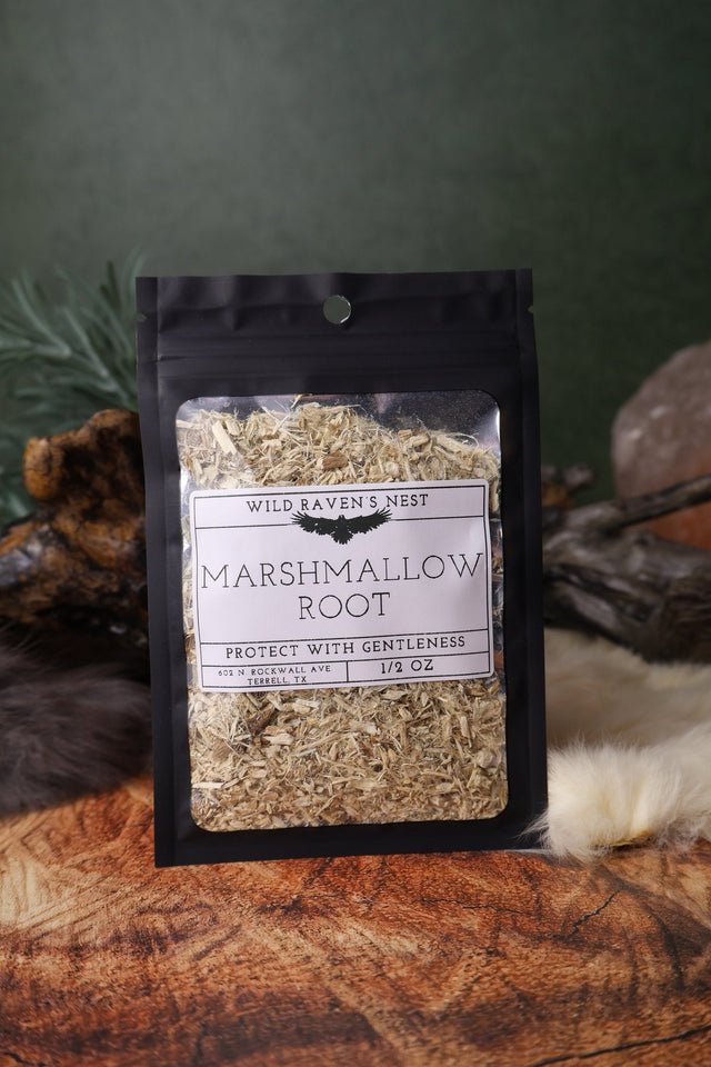 Marshmallow Root dried herb in a 1/2 oz Wild Raven's Nest bag, Protect with Gentleness