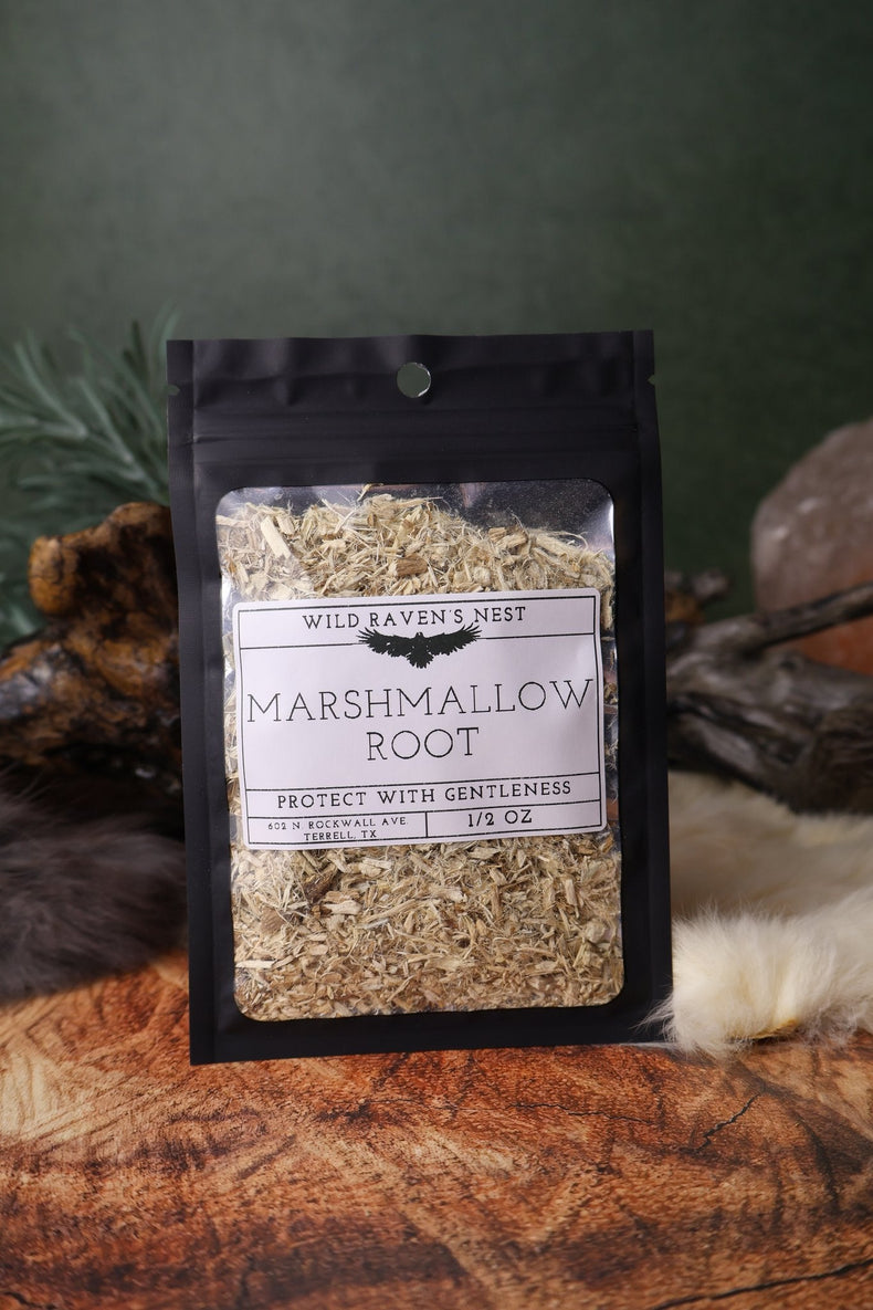Marshmallow Root dried herb in a 1/2 oz Wild Raven's Nest bag, Protect with Gentleness