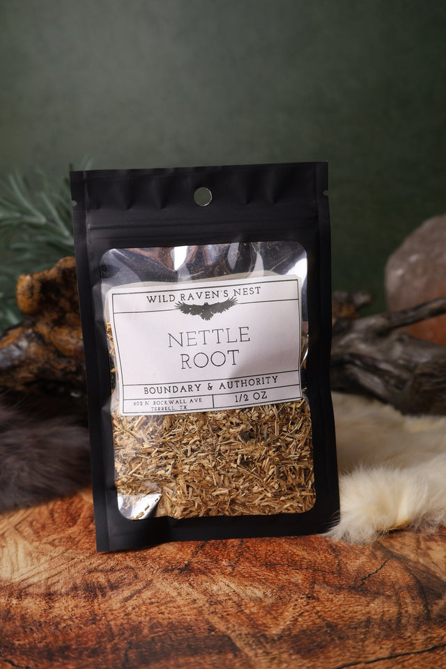 Nettle Root dried herb in a 1/2 oz Wild Raven's Nest bag, Boundary & Authority