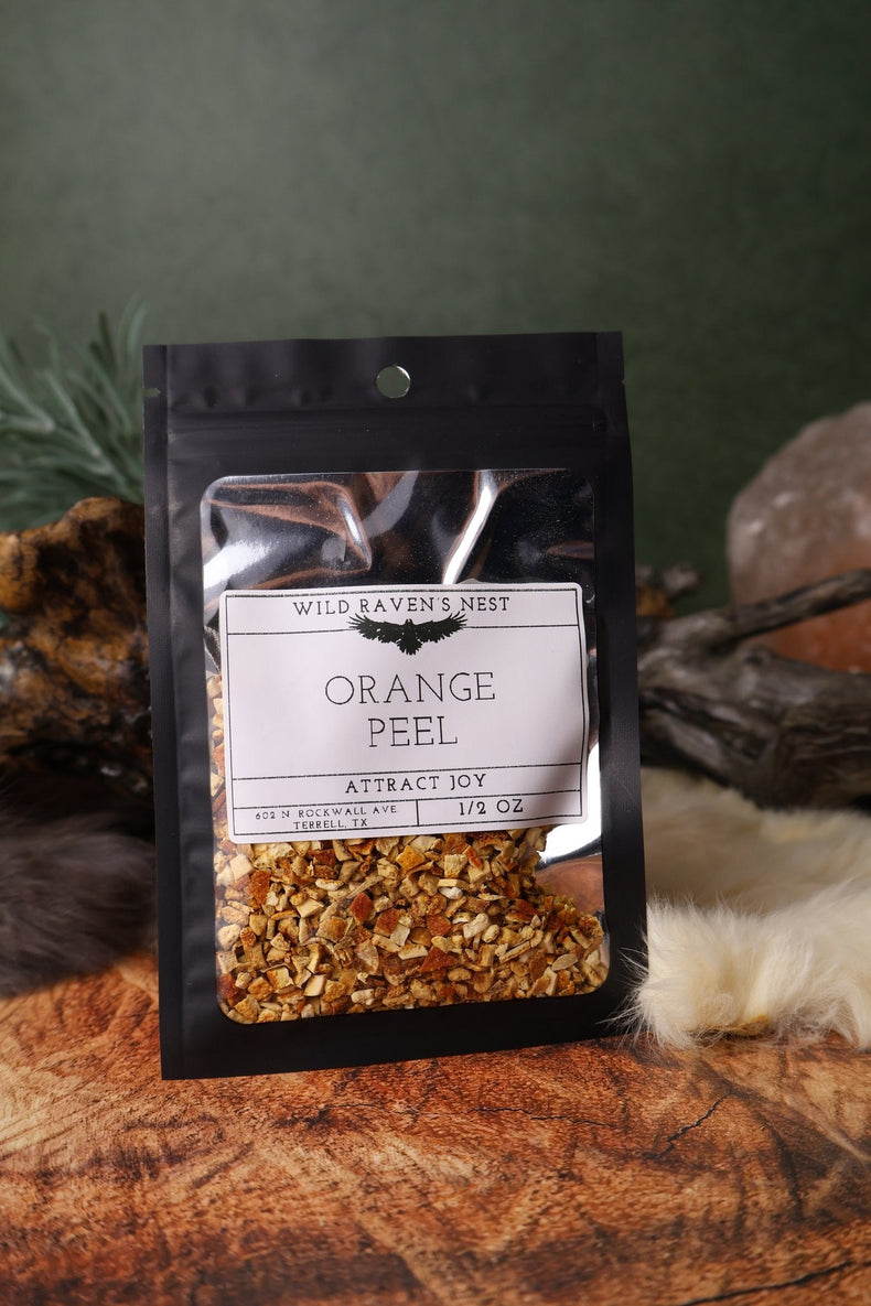 Orange Peel dried herb in a 1/2 oz Wild Raven's Nest bag, Attract Joy