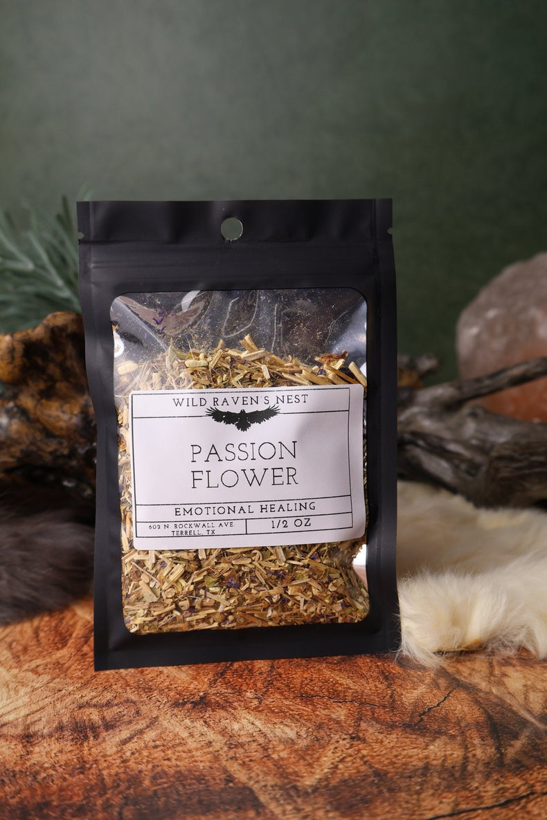 Passion Flower dried herb in a 1/2 oz Wild Raven's Nest bag, Emotional Healing