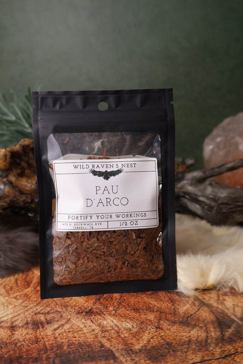 Pau D'Arco dried herb in a 1/2 oz Wild Raven's Nest bag, Fortify Your Workings