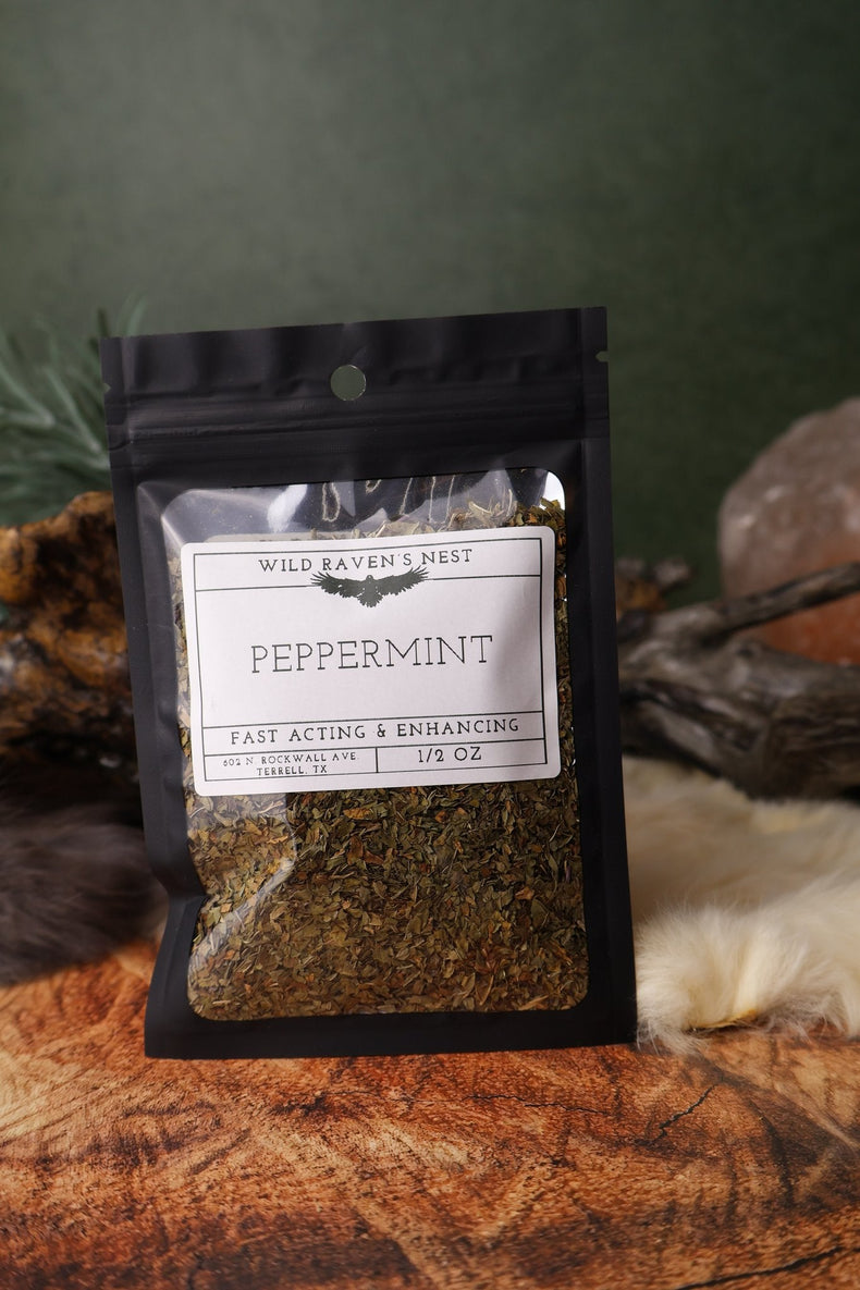 Peppermint dried herb in a 1/2 oz Wild Raven's Nest bag, Fast Acting & Enhancing