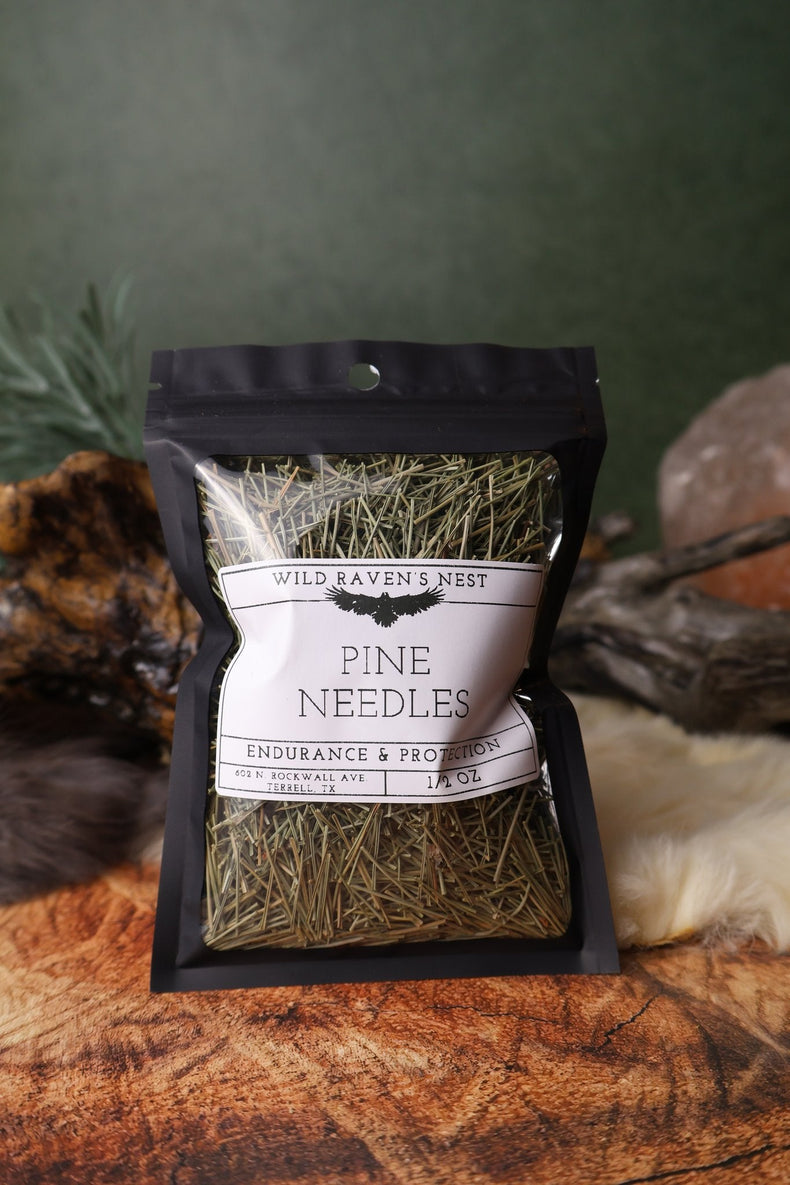 Pine Needles dried herb in a 1/2 oz Wild Raven's Nest bag, Endurance & Protection