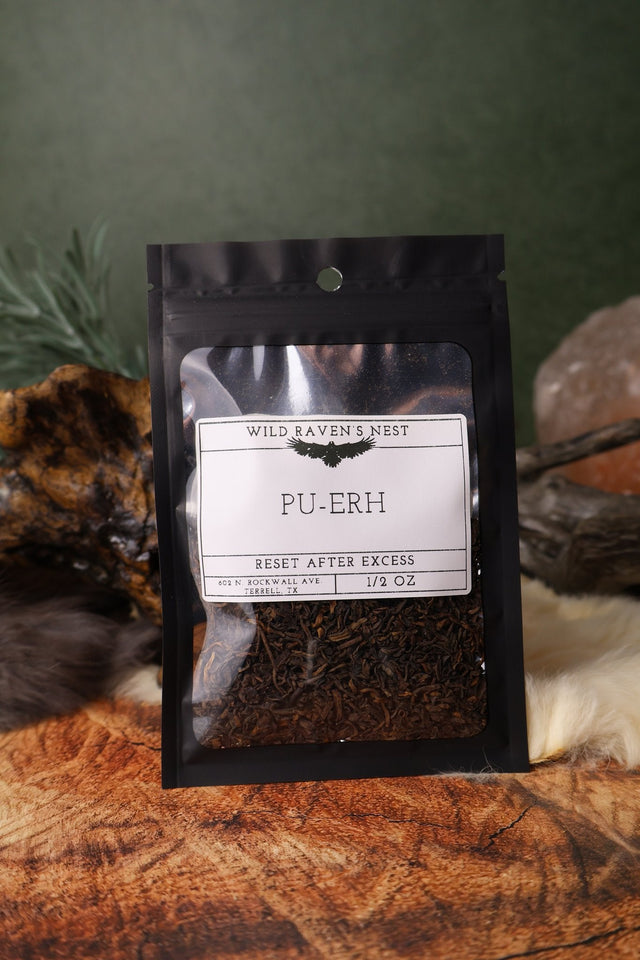 Pu-erh Tea dried herb in a 1/2 oz Wild Raven's Nest bag, Reset After Excess