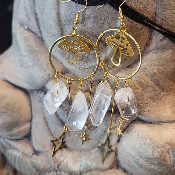Quartz crystal and mushroom Earrings - Wild Raven