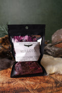 Red Lotus dried herb in a 1/2 oz Wild Raven's Nest bag, Devotion & Sacred Pleasure