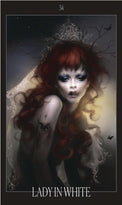 Artistic tarot card featuring Lady in White, ethereal woman with red hair, dark makeup, mystical aura.
