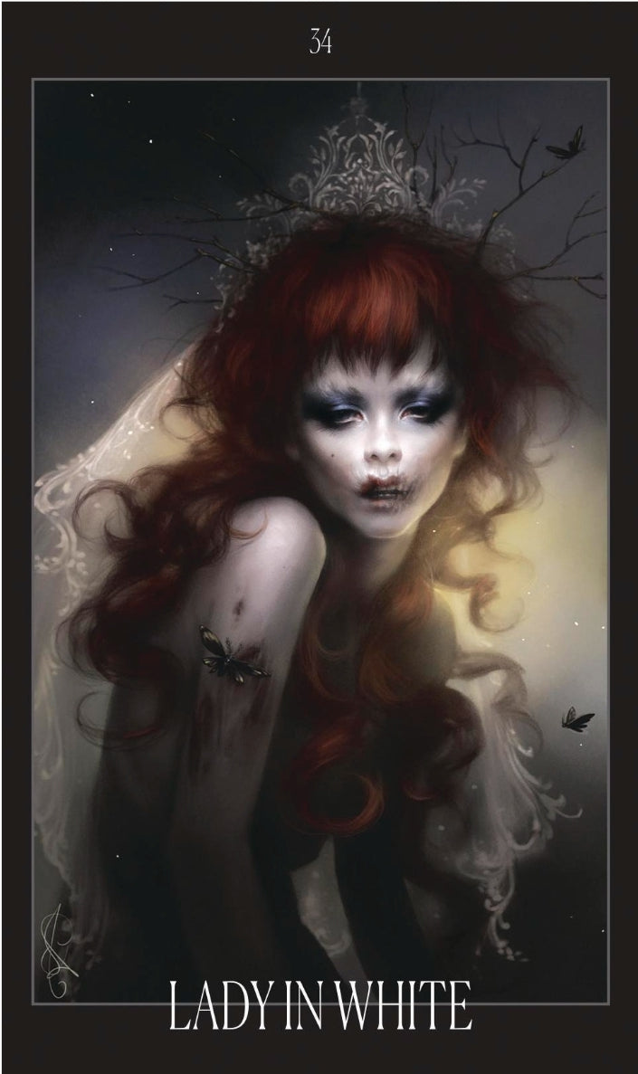 Artistic tarot card featuring Lady in White, ethereal woman with red hair, dark makeup, mystical aura.