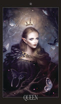 Fantasy queen tarot card with elf ears, crown, butterflies, and mystical forest background