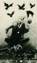 Five of Cups tarot card with plague doctor mask, crows, and goblet in gothic style.