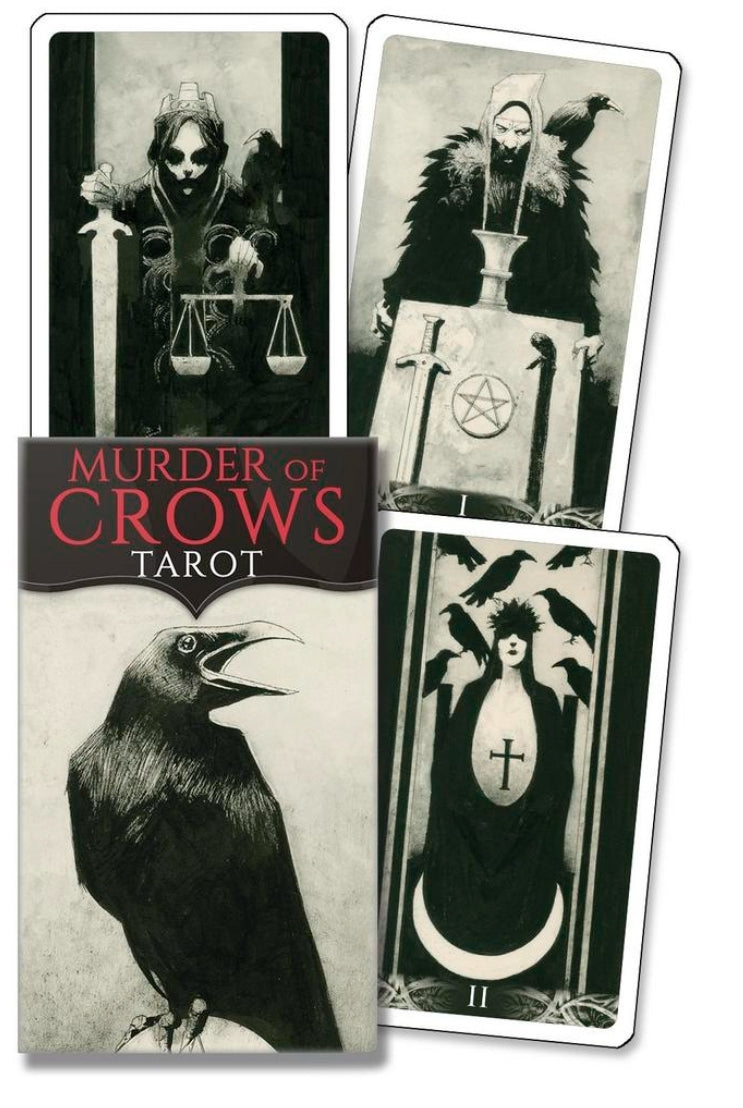 Murder of Crows Tarot deck cards featuring black and white crow-themed illustrations.