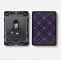 Wednesday Addams tarot card, The Psychic Skeptic, with dark flowers and geometric purple back design