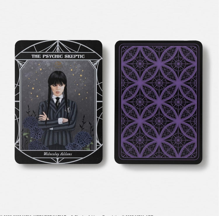 Wednesday Addams tarot card, The Psychic Skeptic, with dark flowers and geometric purple back design