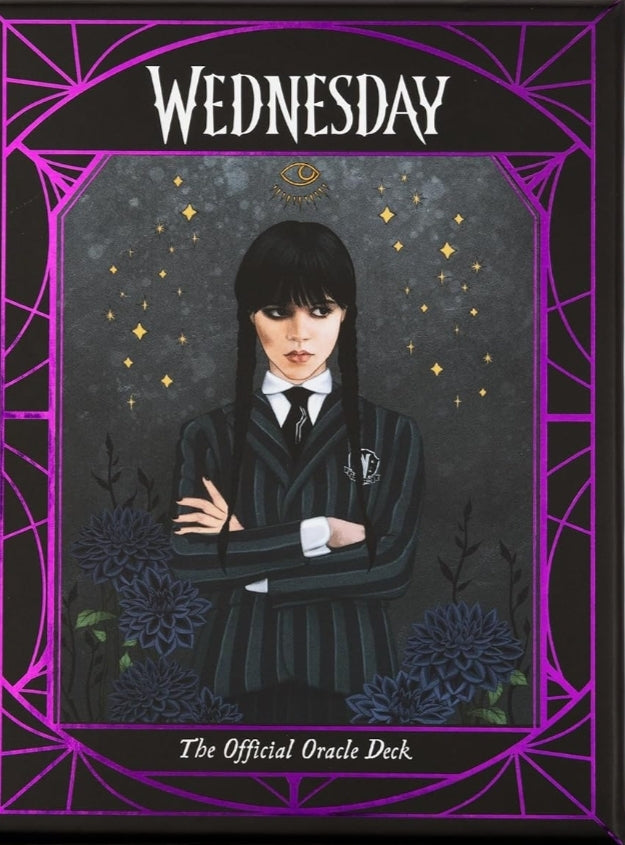 Wednesday Oracle Deck box with gothic illustration, purple accents, and dark flowers