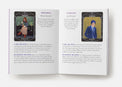 Open tarot guidebook showing card meanings for Obsession and Avoidance with illustrated portraits.