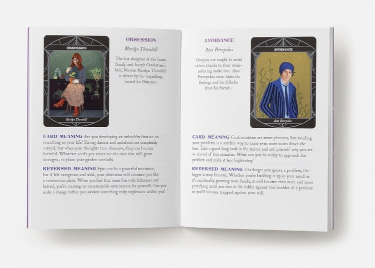 Open tarot guidebook showing card meanings for Obsession and Avoidance with illustrated portraits.