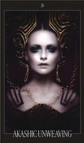 Fantasy tarot card featuring a mystical woman with ornate golden headpiece, labeled Akashic Unweaving.