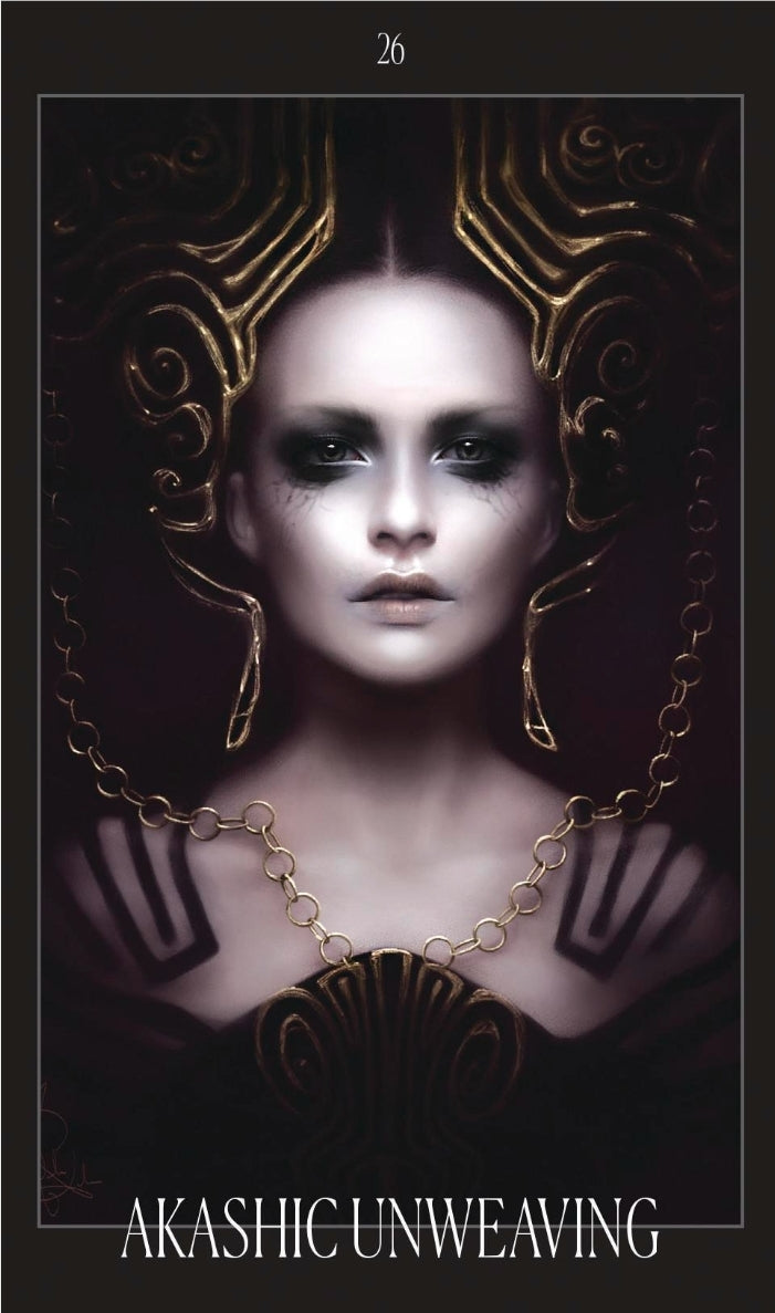 Fantasy tarot card featuring a mystical woman with ornate golden headpiece, labeled Akashic Unweaving.