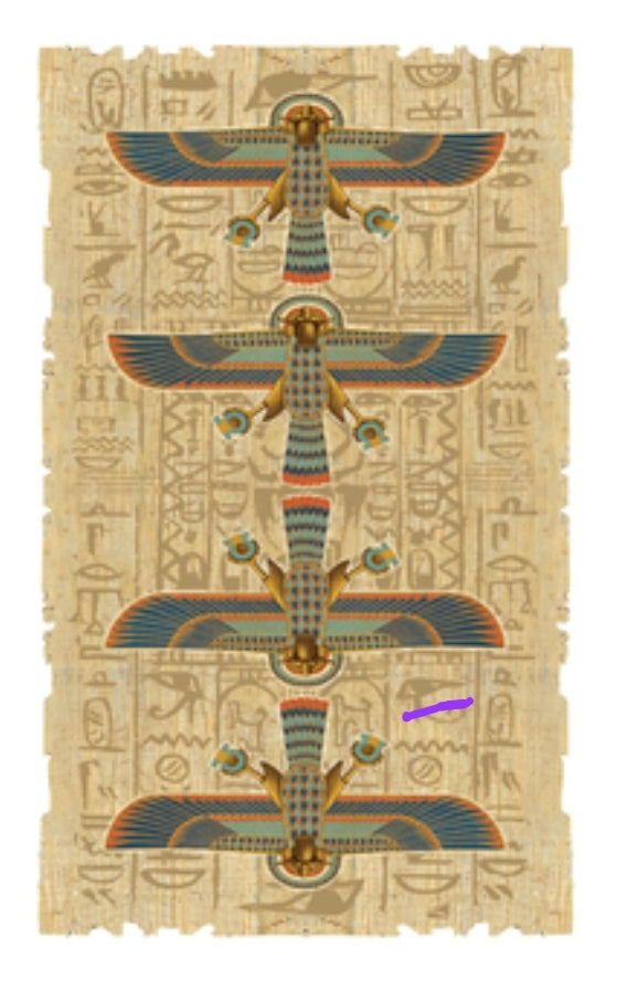 Egyptian papyrus art with four winged scarab beetles and hieroglyphics background