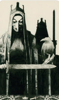Black and white tarot card illustration of crowned figure with sword and raven, gothic style