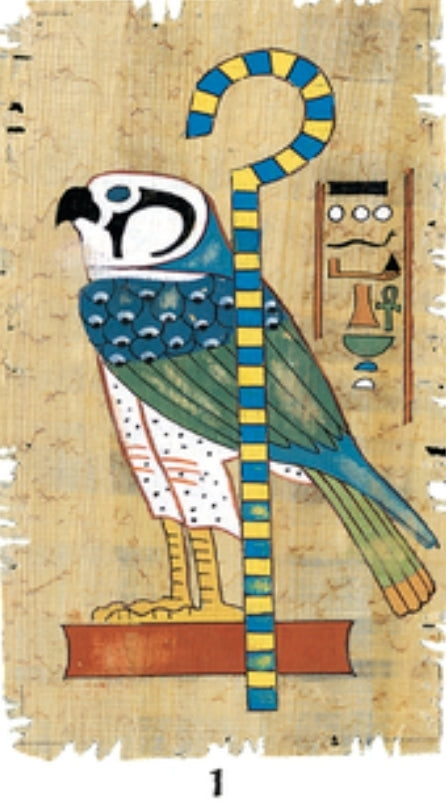 Ancient Egyptian falcon illustration with staff, spiritual symbolism, tarot inspiration