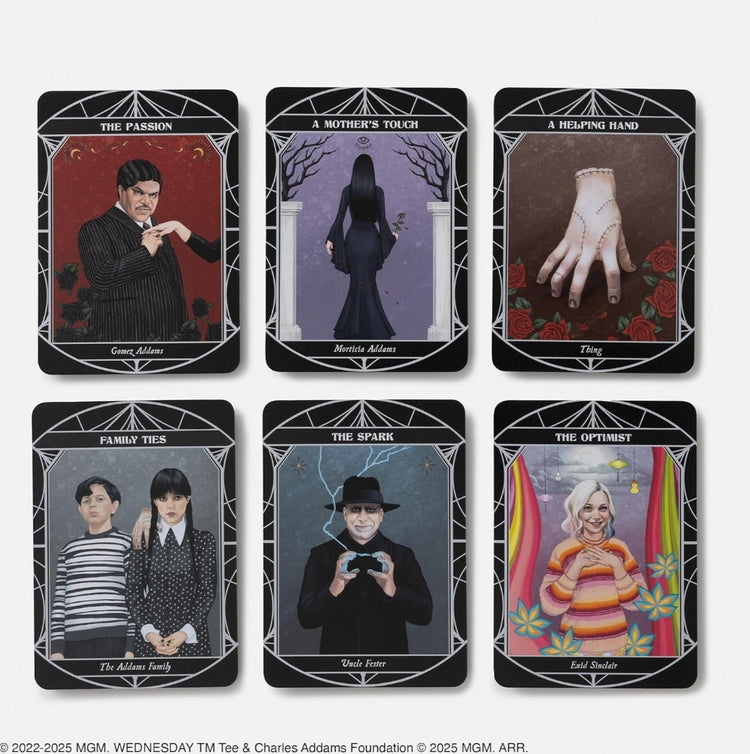 Six illustrated tarot cards featuring Addams Family characters and mystical themes on a white background.