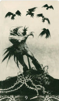 Tarot card showing a figure in a bird mask with ravens flying above and thorny vines below.