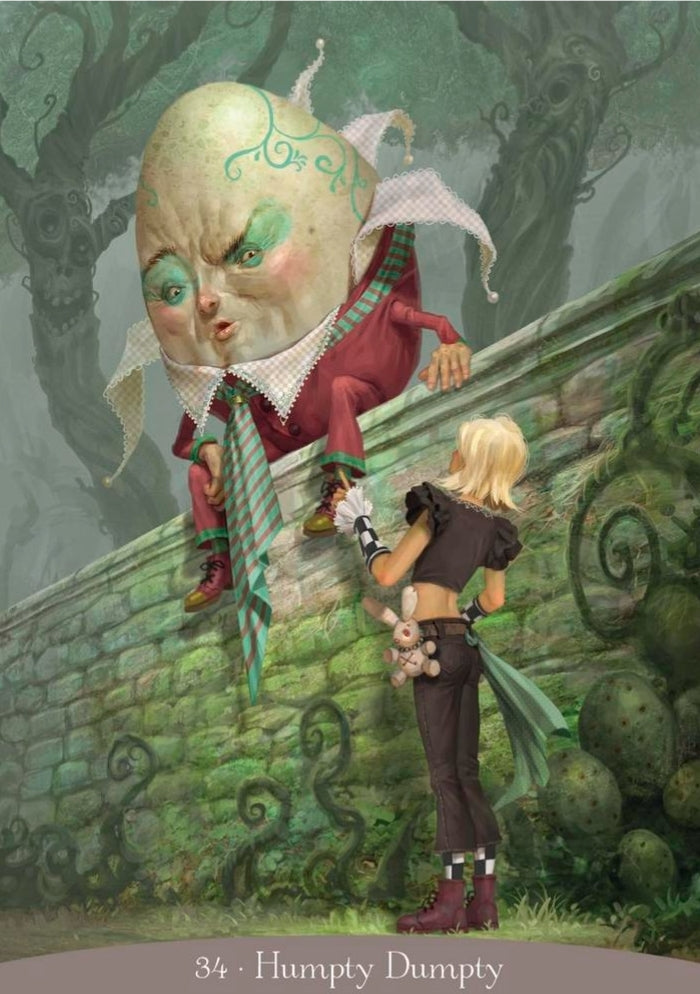 Fantasy tarot card illustration of Humpty Dumpty on a wall in a mystical forest setting.