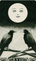 Tarot card illustration with two ravens under a full moon with a face, labeled XVIII.