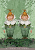 Fantasy art of two identical whimsical twins, Tweedledee and Tweedledum, in a mystical forest.