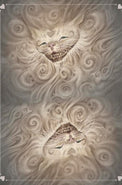 Surreal tarot card art with a mystical cat face, swirled clouds, and glowing eyes.