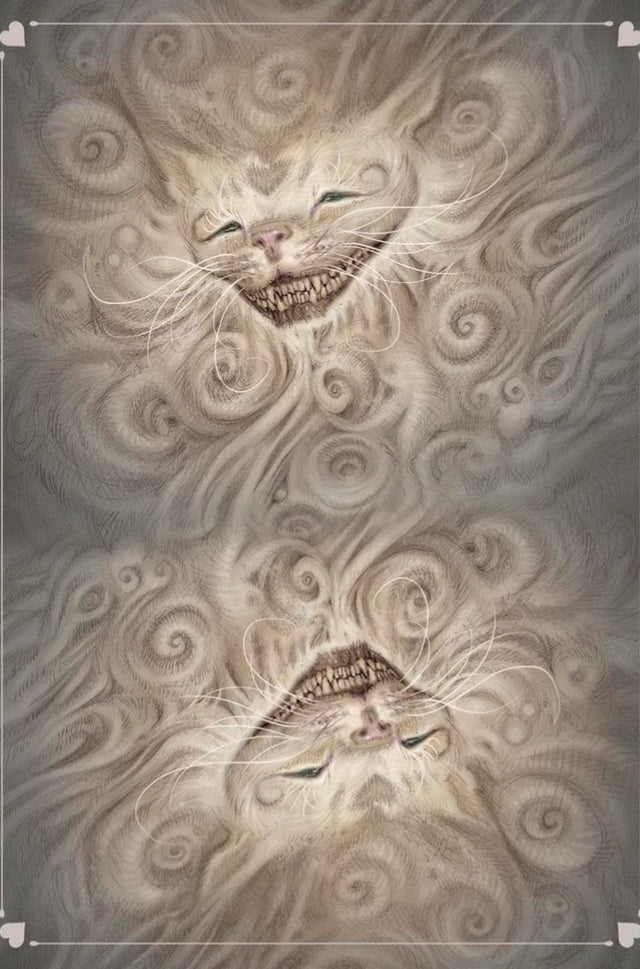 Surreal tarot card art with a mystical cat face, swirled clouds, and glowing eyes.