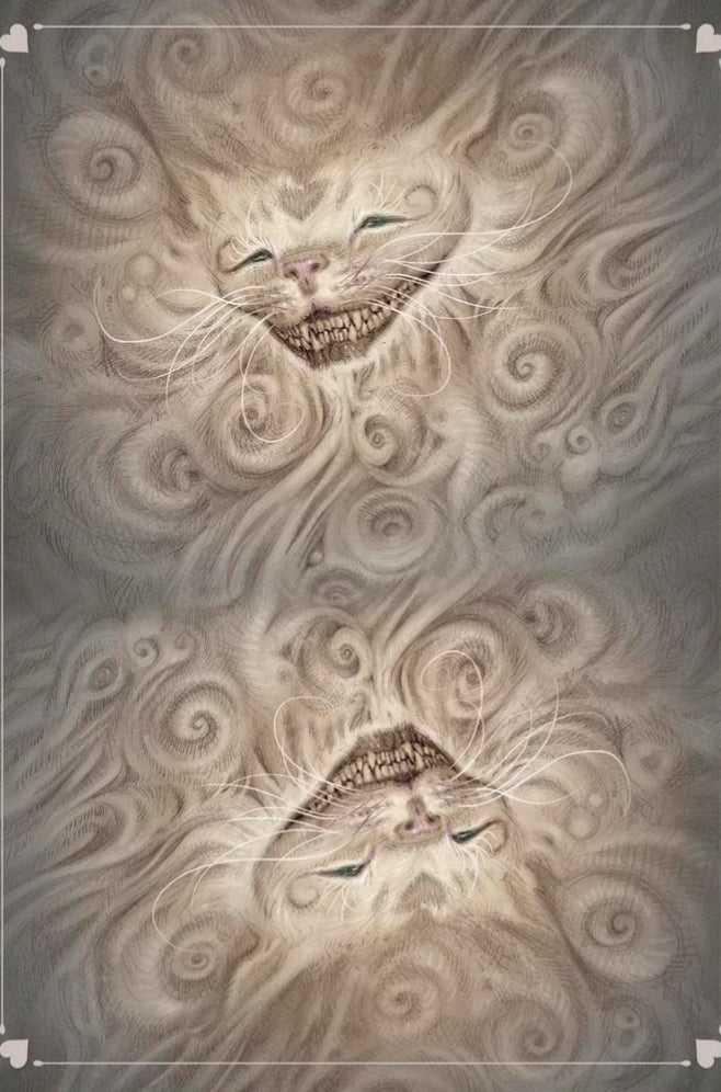 Surreal tarot card art with a mystical cat face, swirled clouds, and glowing eyes.