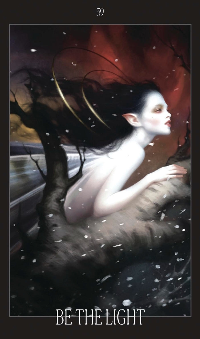 Fantasy tarot card with ethereal elf figure among tree branches and swirling light, labeled Be The Light