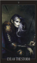 Fantasy elf warrior with pointed ears, ornate black armor, silver hair, holding sword, mystical card art