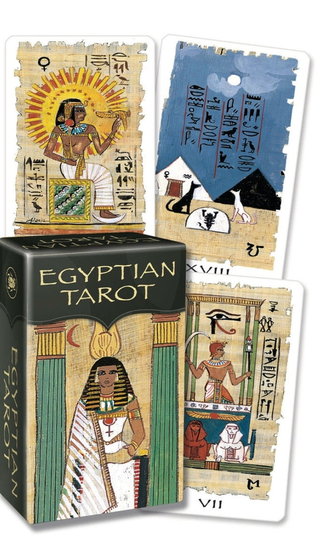 Egyptian Tarot deck box with ancient Egyptian themed tarot cards and hieroglyphics